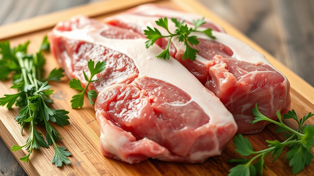 Close-up of raw lamb meat cuts on a wooden cutting board with fresh herbs, professional food photography style