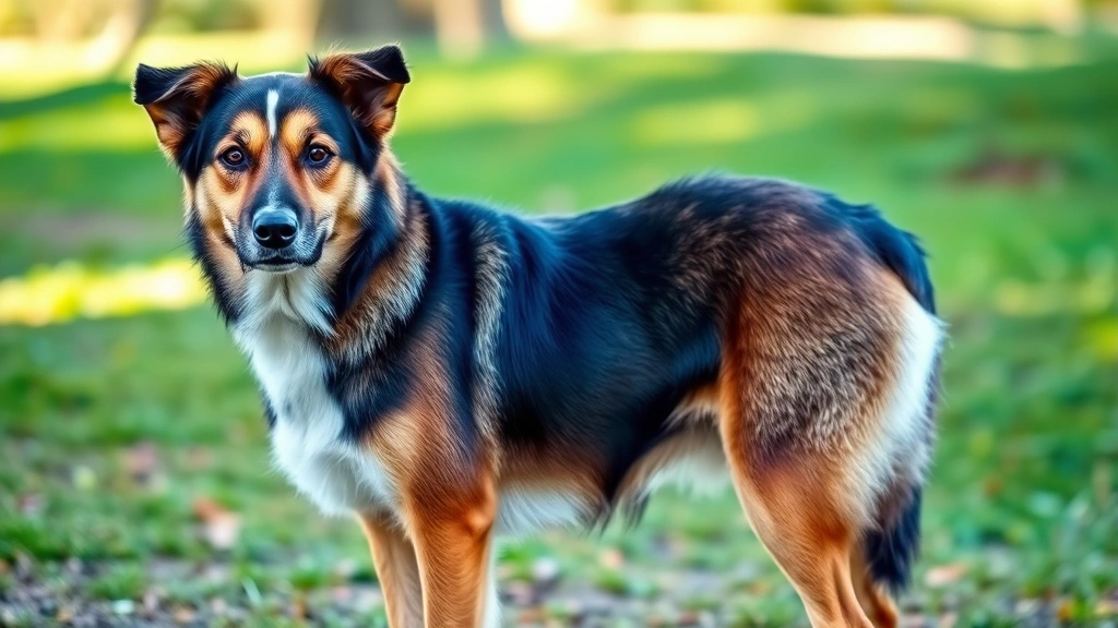 A healthy adult dog with shiny coat standing outdoors, looking energetic and well-nourished, natural daylight