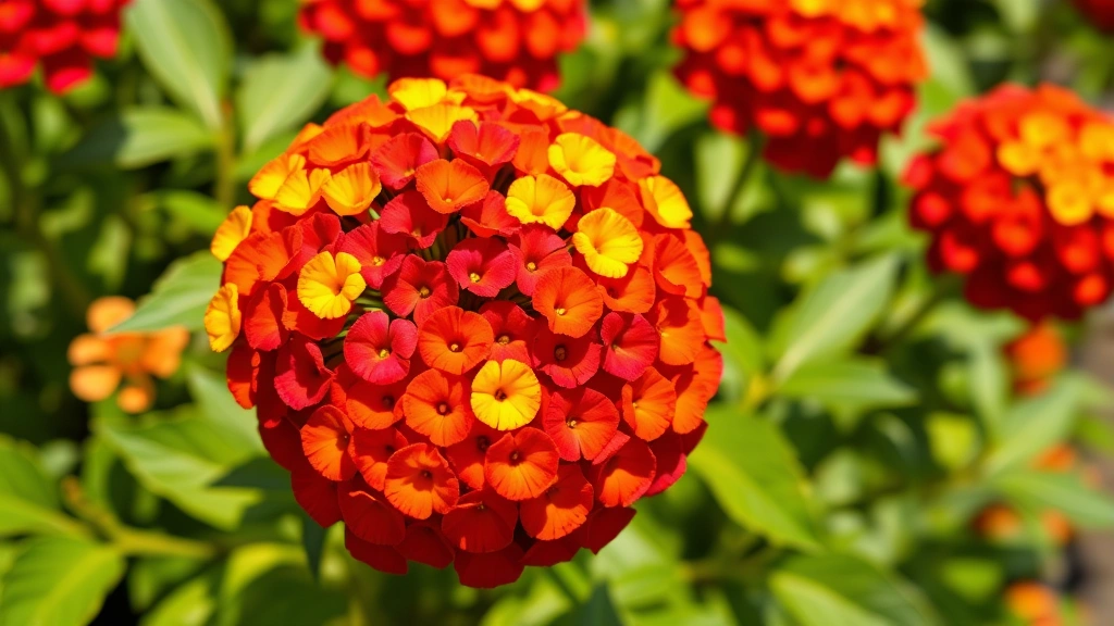 Close-up of vibrant lantana flower clusters in red, orange, and yellow colors with green leaves, natural garden setting, bright sunlight, photorealistic