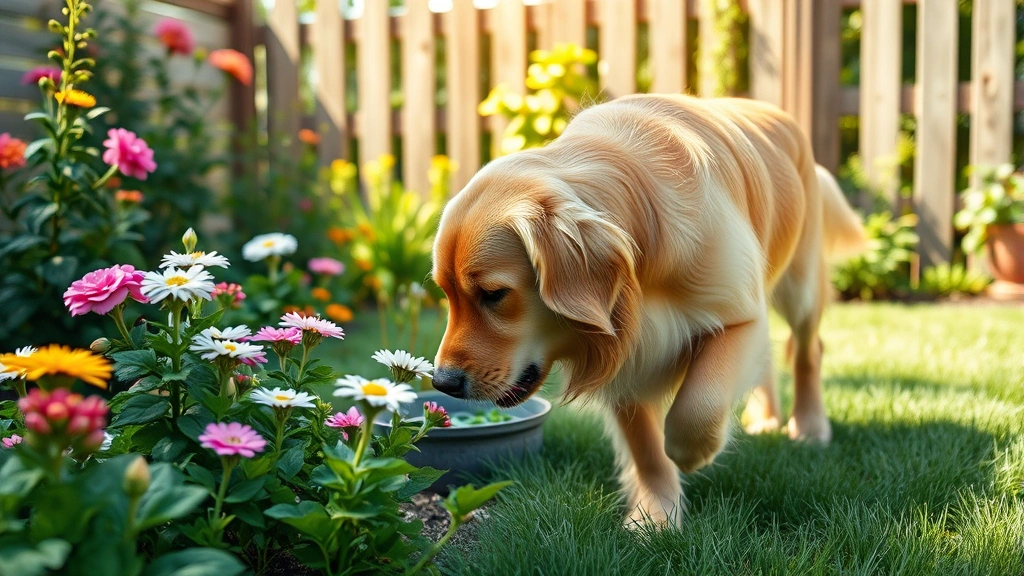 Golden retriever sniffing near flowering garden plants, sunny backyard scene, dog exploring safely fenced garden area, photorealistic