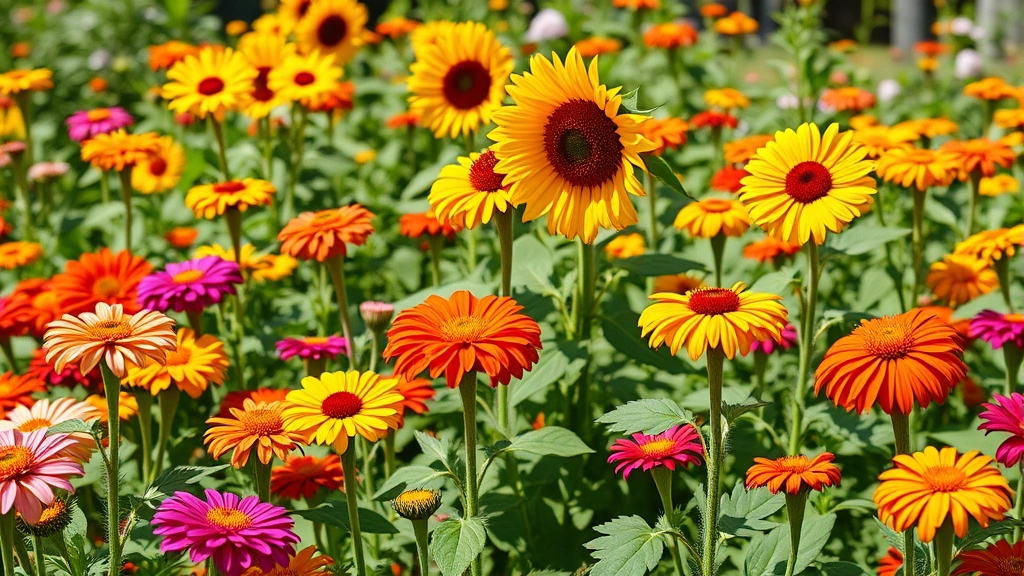 Colorful garden with zinnias, sunflowers, and marigolds blooming, dog-safe flowering plants in landscape, bright natural lighting, photorealistic
