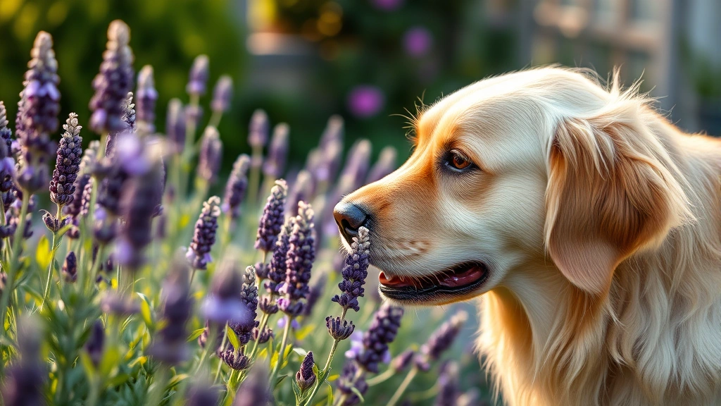 Golden retriever dog with curious expression sniffing purple lavender flowers in a garden, soft natural sunlight, realistic photographic style