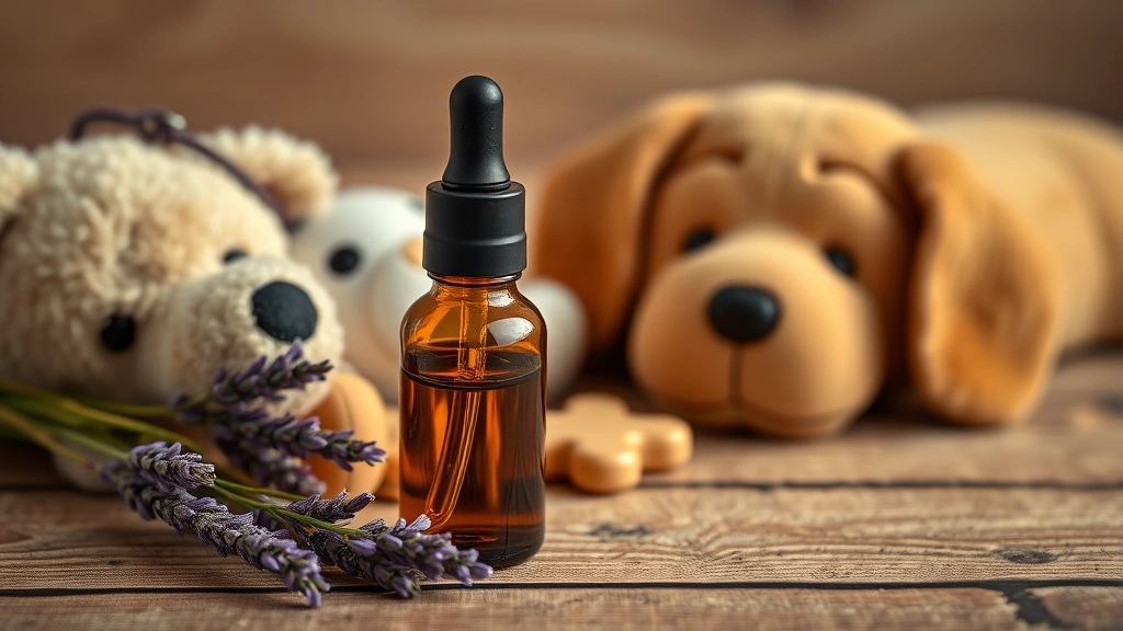 Close-up of lavender essential oil bottle with dropper on wooden surface next to dog toys, warm lighting, photorealistic composition