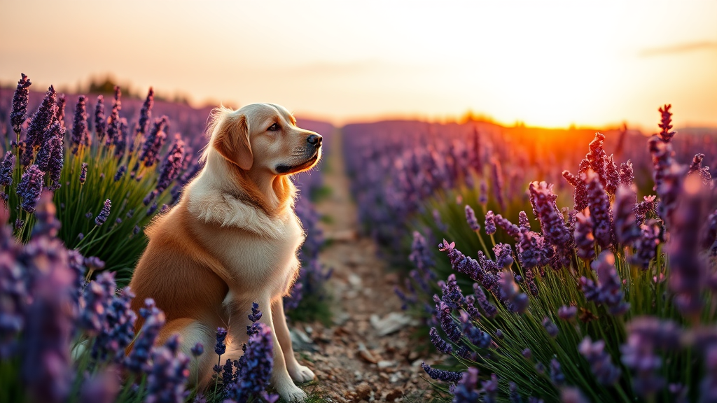 Golden retriever dog sitting peacefully in purple lavender field during golden hour, no text, no words, no letters