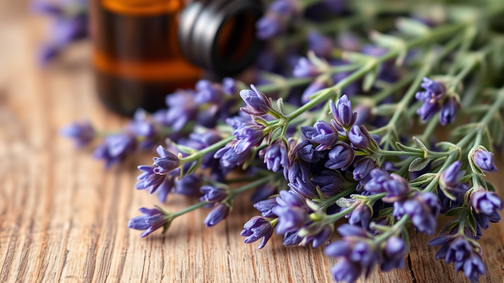 Close up of fresh lavender sprigs and essential oil bottle on wooden surface, no text, no words, no letters