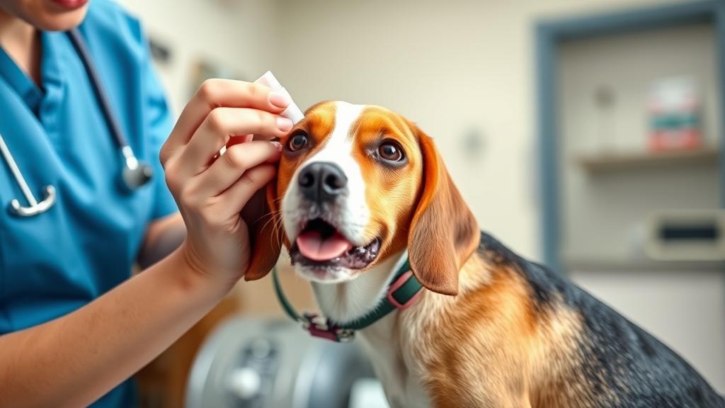 Happy dog owner gently applying diluted oil to calm beagle in bright veterinary clinic, no text, no words, no letters