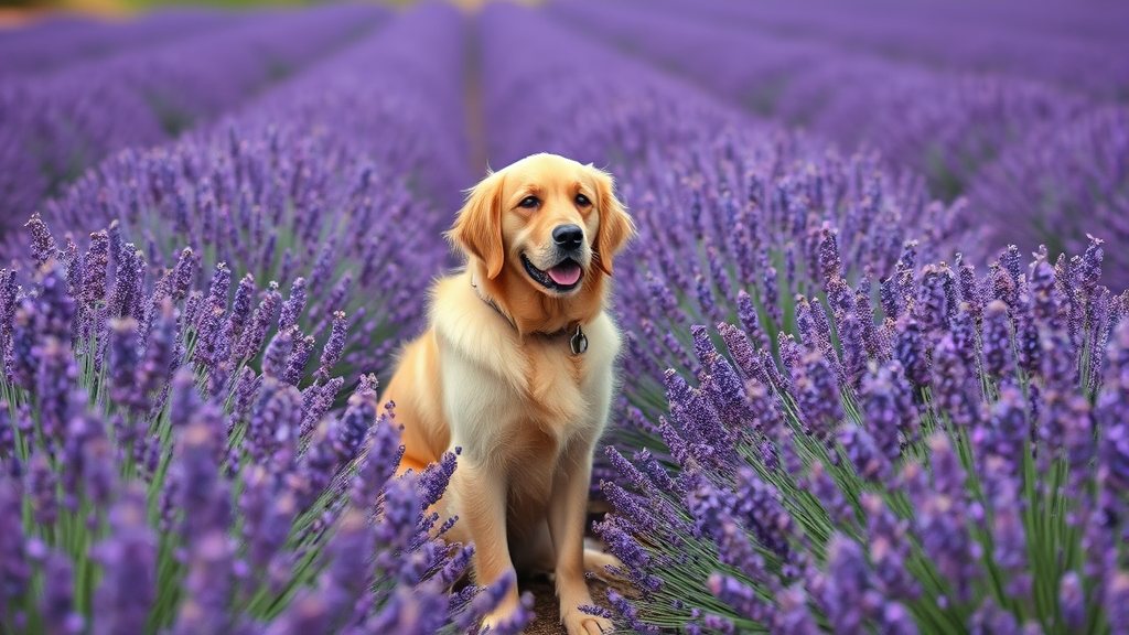 Purple lavender field with golden retriever dog sitting peacefully, natural outdoor setting, no text no words no letters