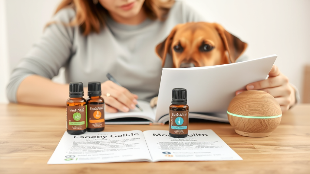 Essential oil bottles and diffuser on table with concerned dog owner reading safety information, no text no words no letters