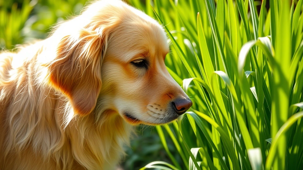 Golden retriever sniffing fresh green lemongrass stalks in a sunny garden, curious expression, natural outdoor lighting