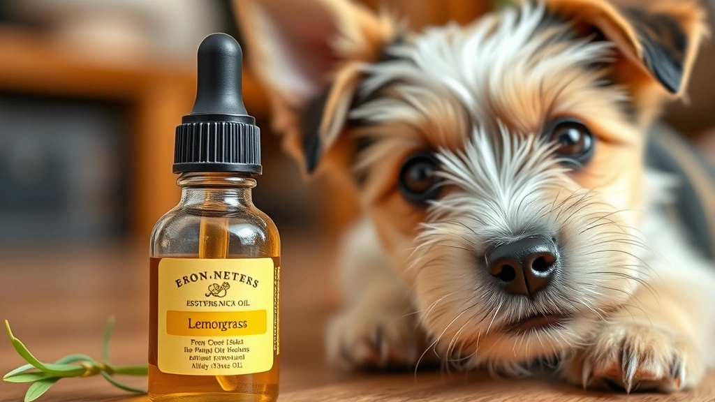 Close-up of lemongrass essential oil bottle with dropper next to a concerned-looking terrier puppy, warm indoor setting