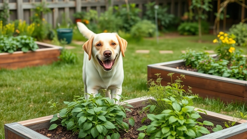 Happy Labrador playing in a pet-safe garden with various dog-friendly herbs like basil and parsley growing in raised beds