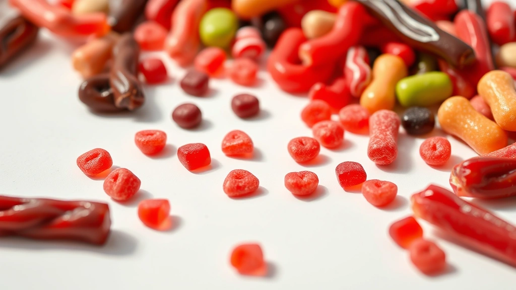 Close-up of various licorice candy types and red licorice pieces scattered on a white surface, bright natural daylight, professional product photography style
