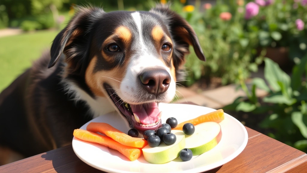 Happy dog enjoying safe treat alternatives like carrots, apple slices, and blueberries on a ceramic plate, outdoor garden setting, natural sunlight