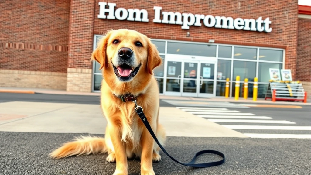 Golden retriever sitting patiently on a leash outside a large brick home improvement store building, looking up attentively at the camera with a happy expression