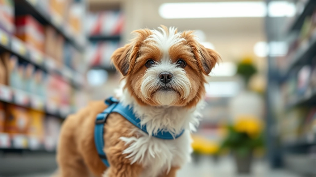 Fluffy brown and white dog wearing a well-fitted blue harness, standing alert in a bright, clean retail environment with shelves visible in soft focus background