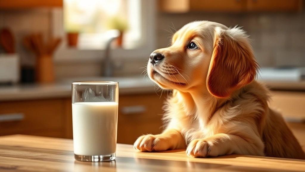 Golden retriever puppy looking up at a glass of milk on a kitchen table, warm natural lighting, soft focus background