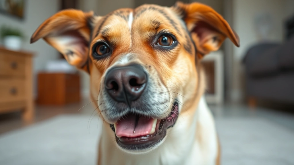 Close-up of a dog's face showing digestive discomfort, concerned expression, indoor home setting with soft lighting