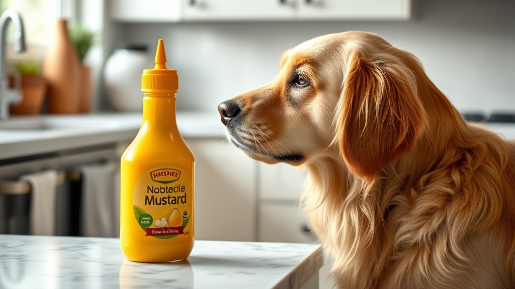Golden retriever looking curiously at yellow mustard bottle on kitchen counter, natural lighting, no text no words no letters