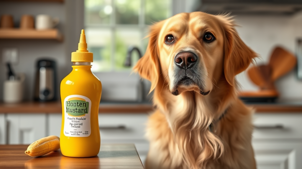 Golden retriever looking concerned near yellow mustard bottle on kitchen counter, no text no words no letters
