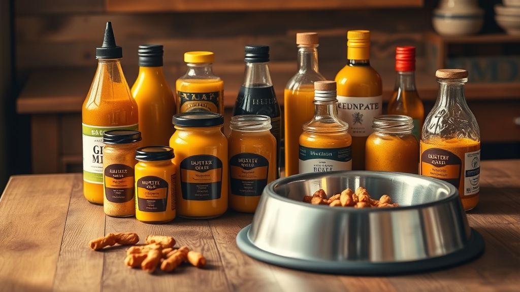 Various mustard jars and bottles arranged on wooden table with dog food bowl, warm lighting, no text no words no letters