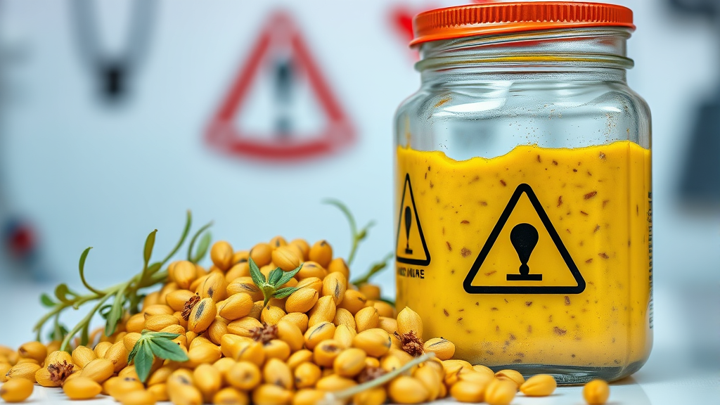 Close up of mustard seeds and mustard jar with warning symbols, veterinary clinic background, no text no words no letters