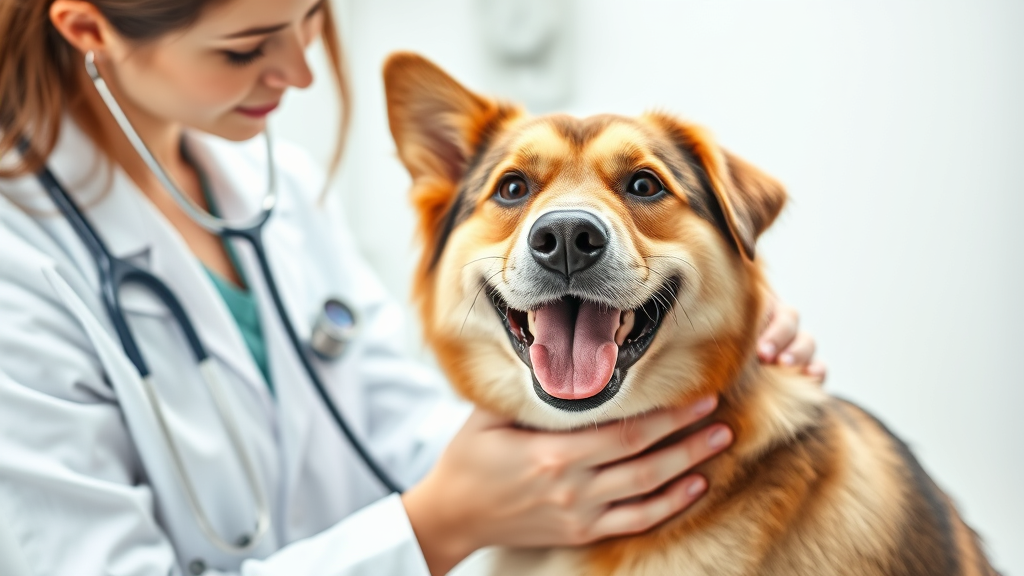 Veterinarian examining happy healthy dog in clinic setting with stethoscope, professional lighting, no text no words no letters