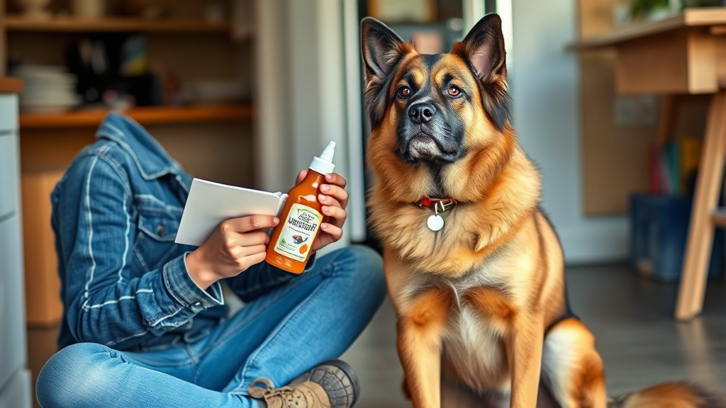 Dog owner reading ingredient label on condiment bottle while protective dog sits nearby, no text no words no letters