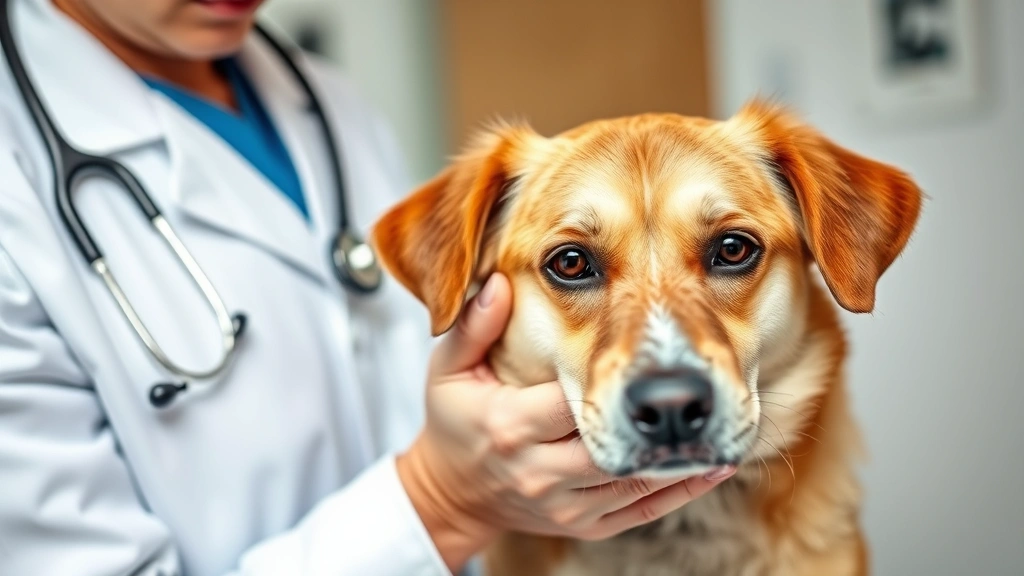 Veterinarian performing physical examination on anxious medium-sized dog, stethoscope visible, clinical setting, gentle hands-on inspection