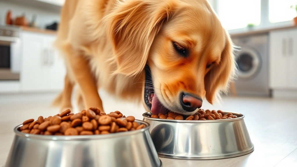 Golden retriever happily eating from a stainless steel bowl filled with brown kibble, bright kitchen background, natural lighting