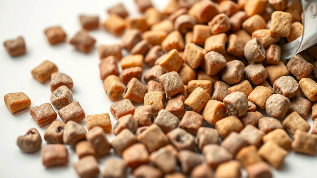 Close-up of dog food kibble in various colors showing texture and quality, scattered on white surface, professional product photography style