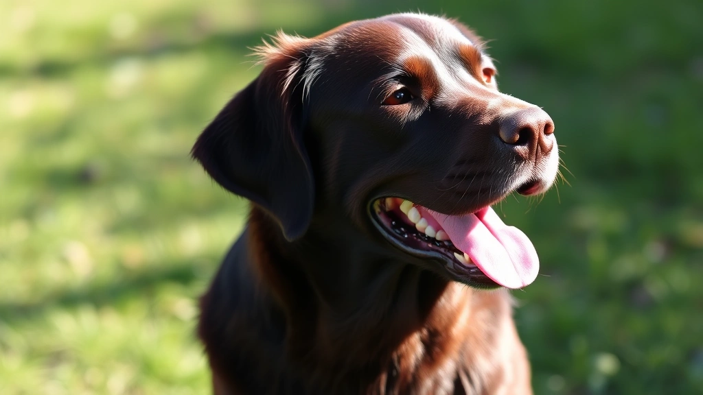 Happy Labrador with glossy coat standing in profile outdoors, sunlight highlighting healthy fur, grass background, vibrant and natural setting