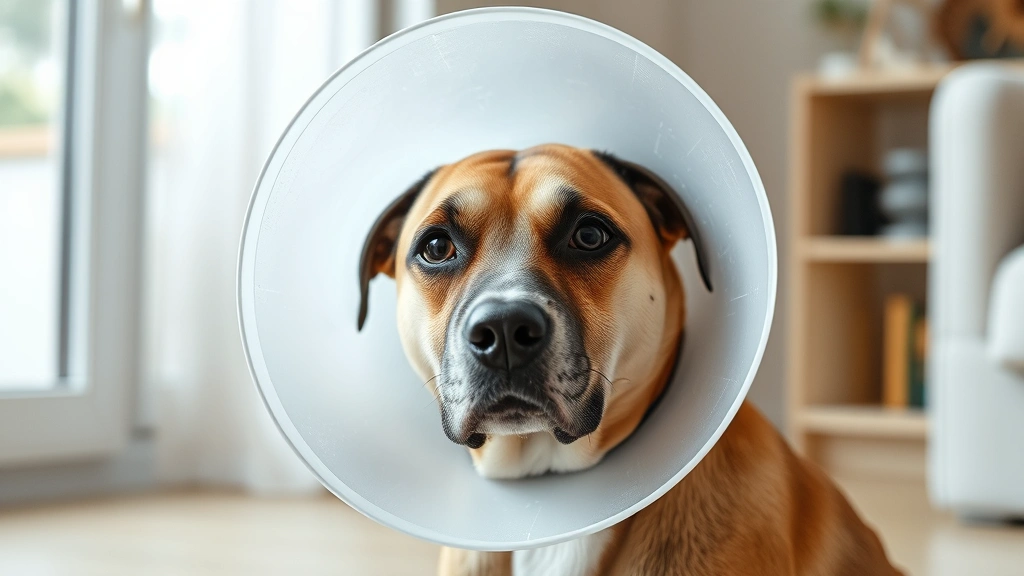 A dog wearing an Elizabethan cone collar to prevent licking, sitting peacefully indoors, clear detailed shot of the protective collar