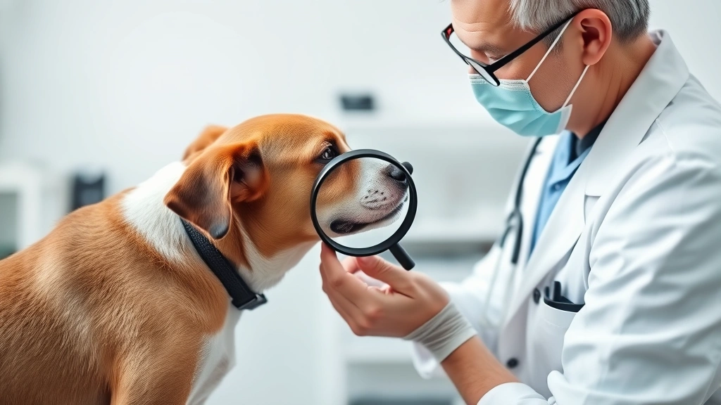 Veterinarian examining a dog's skin wound with a magnifying glass during consultation, professional clinic environment, focused examination scene