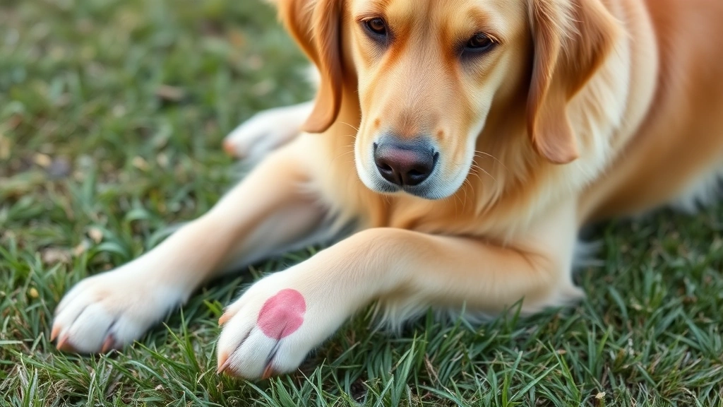 Golden retriever with minor scrape on front paw, sitting on grass, calm expression, natural outdoor lighting, close-up of paw wound area