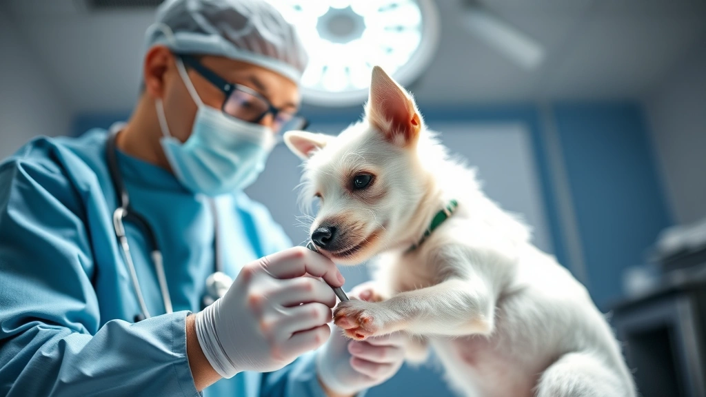 Veterinarian examining small white terrier's paw pad injury under bright clinical lighting, sterile environment, focused professional assessment