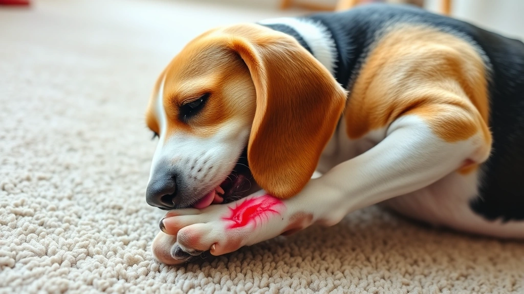 Beagle attempting to lick its own paw wound, playful expression, home setting with soft carpet, capturing typical dog behavior with minor injury