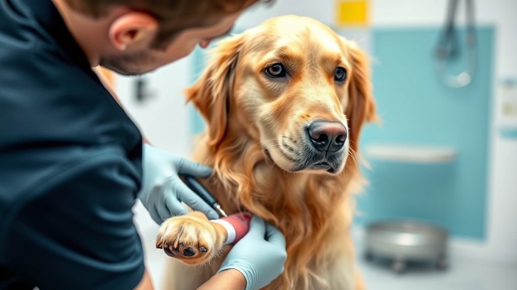 Golden retriever with small bandage on paw being examined by caring owner, veterinary care setting, no text no words no letters