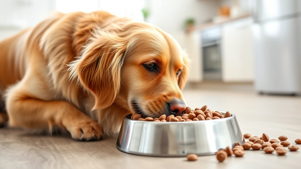 Golden retriever eating from a stainless steel bowl filled with high-protein dog kibble, bright kitchen background, natural lighting