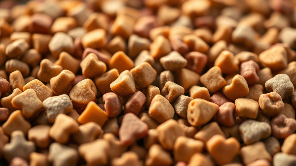 Close-up of premium dog food kibble in various shapes and colors, shallow depth of field, warm natural lighting, kibble texture detail