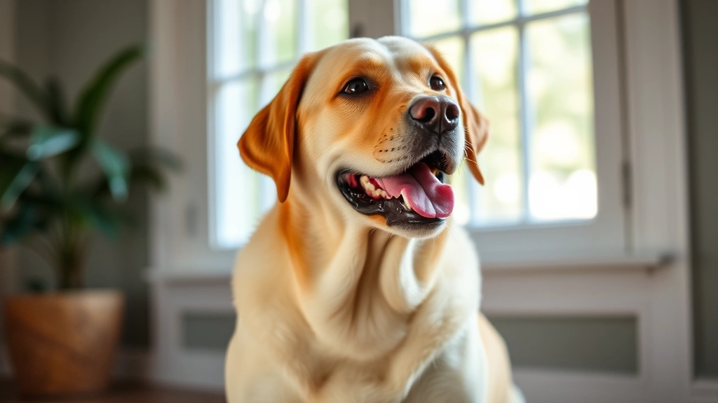 Happy Labrador with glossy coat and healthy appearance, sitting indoors, soft natural window lighting, content expression