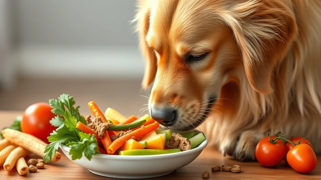 Golden retriever eating from a bowl of fresh vegetables and healthy dog food, professional pet photography, natural lighting, focused on the dog's face