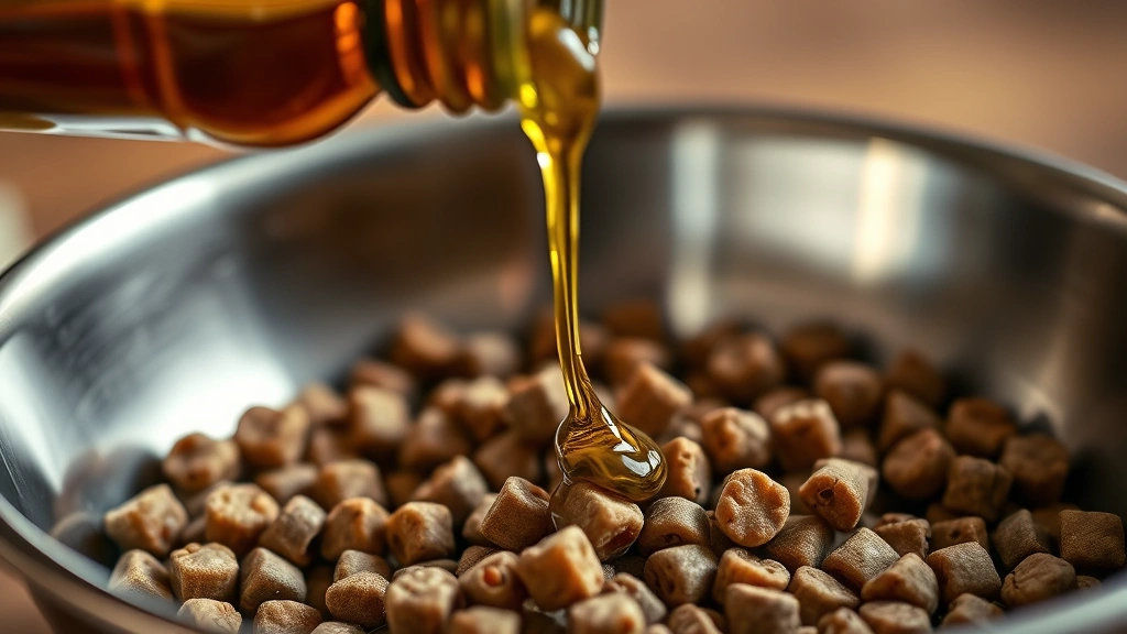 Close-up of extra virgin olive oil being drizzled over dog kibble in a stainless steel bowl, warm lighting, photorealistic, shallow depth of field