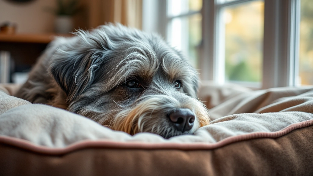 Elderly gray-muzzled dog resting comfortably on a soft bed indoors, peaceful expression, natural window light, warm home environment, professional pet portrait