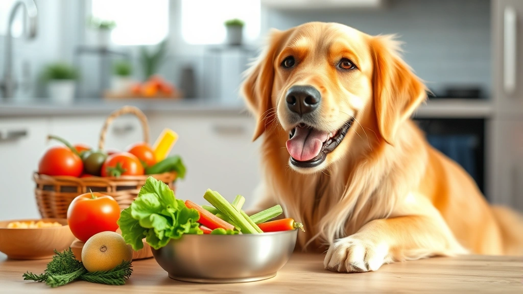 Golden retriever happily eating from a bowl with fresh vegetables and healthy ingredients, bright natural lighting, clean kitchen background