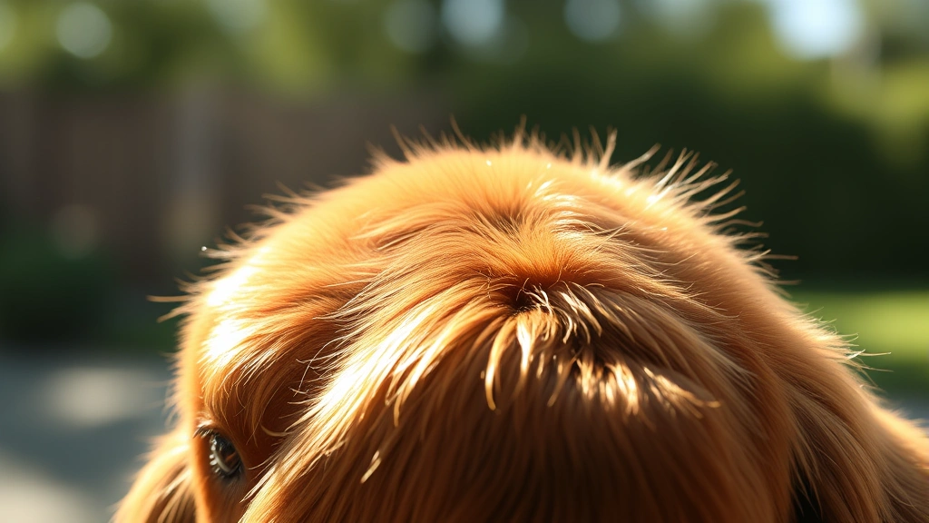 Close-up of a shiny, healthy dog coat in sunlight, showcasing lustrous fur texture and vibrant color, outdoor setting with soft bokeh