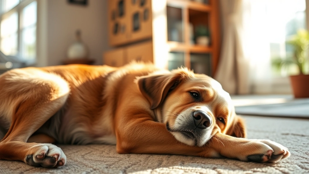 Senior dog stretching comfortably in a sunlit room, showing relaxed posture and peaceful expression, warm home environment