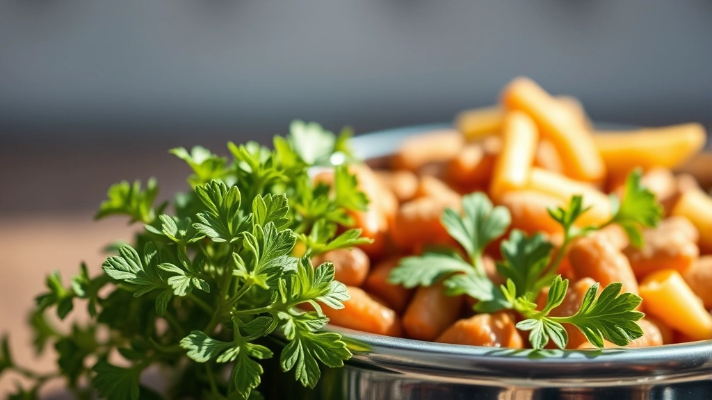 Close up fresh oregano leaves next to dog food bowl natural lighting no text no words no letters