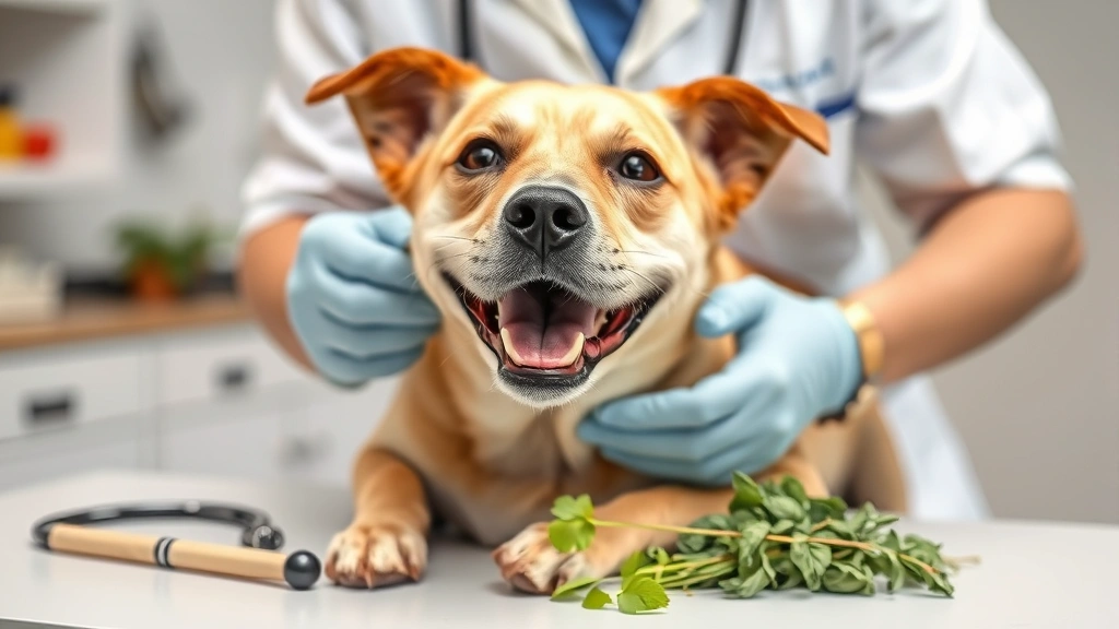 Veterinarian examining happy dog with herbs on examination table no text no words no letters
