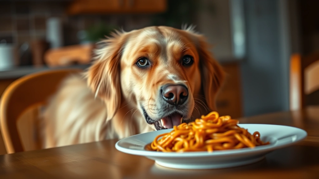 Golden Retriever looking at a plate of spaghetti on a dining table, curious expression, warm kitchen lighting, shallow depth of field