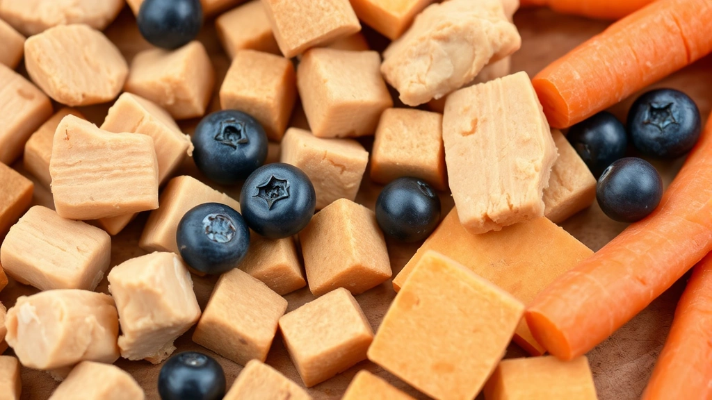 Close-up of various dog-safe treats including chicken pieces, sweet potato chunks, carrots, and blueberries arranged on a wooden surface